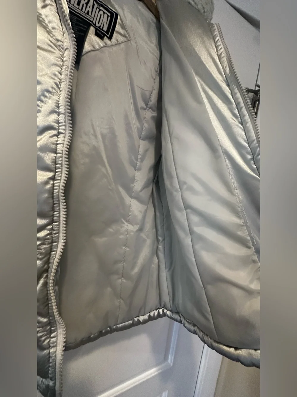 GENERATION Y Shimmery Silver Quilted Puffer with Faux Fur Trim